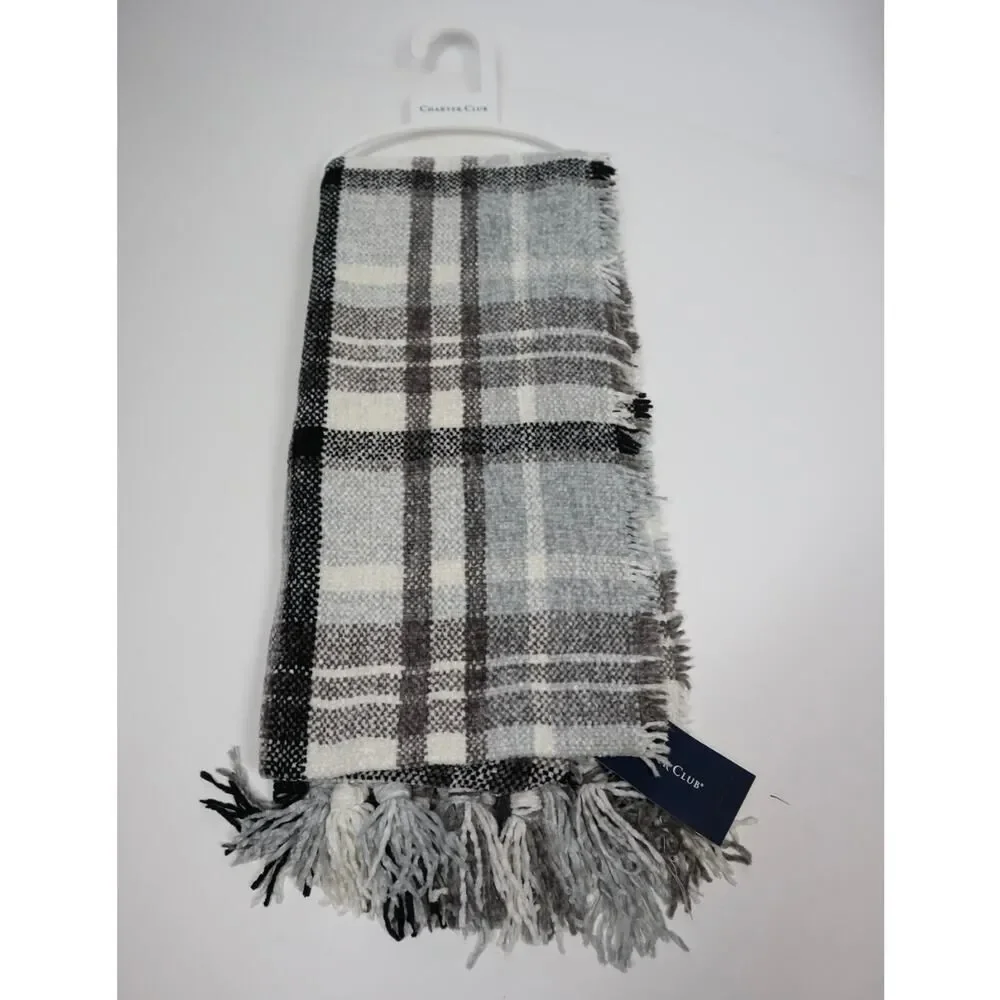Charter Club Grey Plaid‎ Chenille Scarf